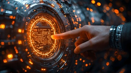 Hacker s hand holding a miniature vault door with glowing encryption codes