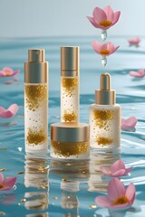 
Golden luxury cosmetic packaging on water background with lotus flowers