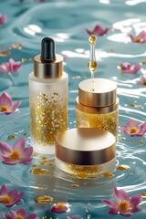 Minimalist bottle mockup with gold glitters on aqua blue background