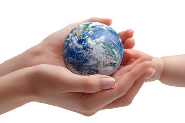 A small Earth held gently in two hands, one adult, one child