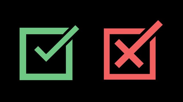 A seamless animation motion graphic of a green check box and a red cross box on a black background, illustrating concepts of approval and disapproval