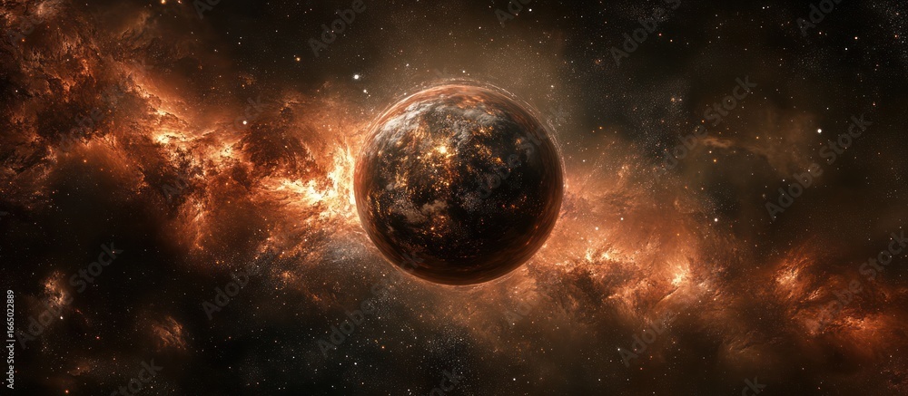 Poster a planet surrounded by fiery nebula and distant stars in deep space.