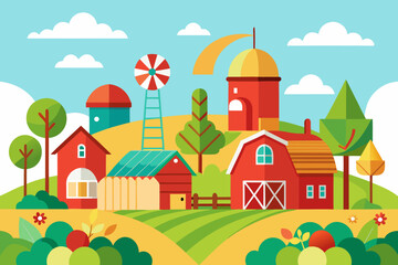 Charming cartoon farm scene evokes idyllic rural life and agricultural abundance, perfect for children's books or educational materials about farming