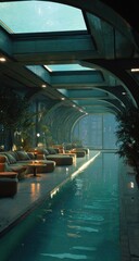 Fototapeta premium Serene indoor pool in a futuristic, arched building with skylights, plush lounge chairs, and a city view at dusk