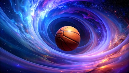 A basketball floats in a swirling vortex of vibrant cosmic colors, highlighting the interplay of space and sport.