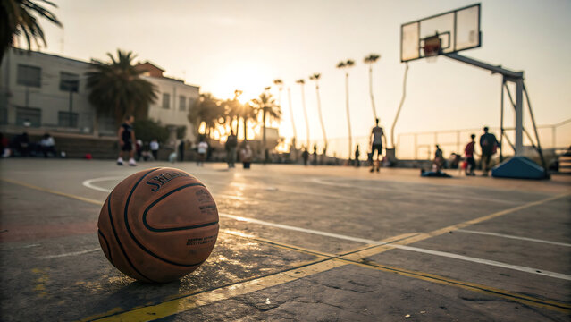 A diverse group of people, including a smiling woman and a young boy, are playing a game of basketball on the street - Powered by Adobe