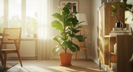 Fiddle Leaf Fig in Sunlit Scandinavian Interior A Golden Hour Serenity
