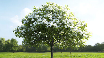 Fototapeta premium Beautiful flowering tree with white blossoms stands lush green field clear blue sky, radiating tranquility and nature beauty