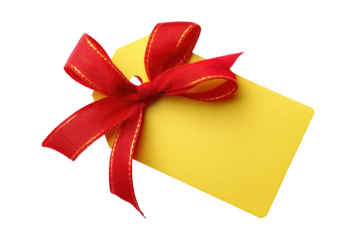 Bright yellow gift tag with red ribbon bow