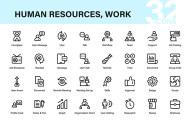 Set of human resources icons. line style icons of hiring, managing employees, working together in the office, payroll, HR analytics, and performance reviews and more.