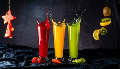Colorful Explosion of Fresh Fruit Juices: A Dynamic Trio Splashing Against a Dark Background.