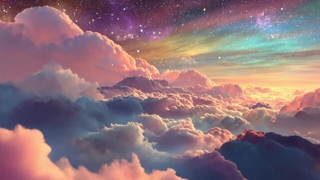 A cosmic landscape of endless pink clouds stretching into the distance