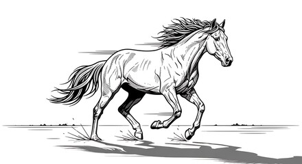 Energetic Black and White Sketch of a Wild Horse Galloping Across Open Ground, Dynamic Motion