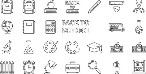 Back to School Icon Set Featuring Educational Supplies and School Buildings