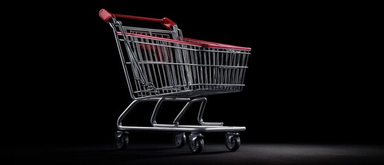 The shopping cart illuminated on black background evokes modern retail and consumerism