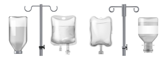 Realistic dropper. Health care package. Medical bottle mockup. Cure transfusion. Hospital intravenous injection. Medicine or pharmacy packaging. Glass tube holder. Vector objects set © SpicyTruffel