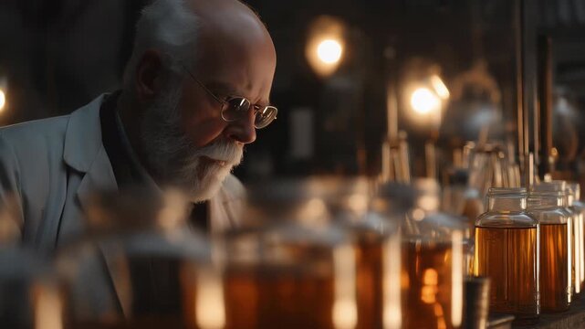 retro vintage theme , an alchemist senior old man serios looking at substance bottle at laboratory