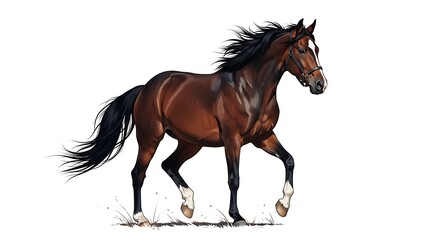 Graceful Bay Horse Trotting Illustration with Flowing Mane and Tail on Isolated White Background