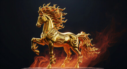 Golden horse statue, fiery backdrop, artistic rendering.