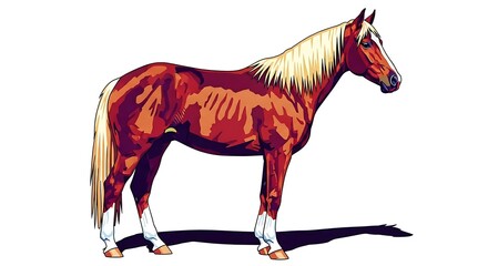 Majestic Chestnut Horse with Blonde Mane and Tail Standing in Profile - Detailed Equine Illustration on White Background
