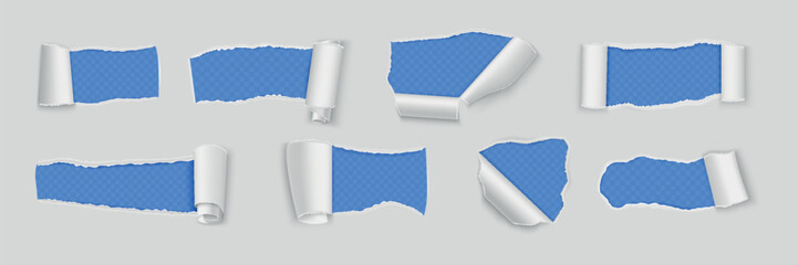 Paper tear. Rip torn reveal effect. Open page edge or white border roll cut. Scratch tag with hole. Curl texture. Transparent background. Newspaper scroll mockup. Vector 3D elements set