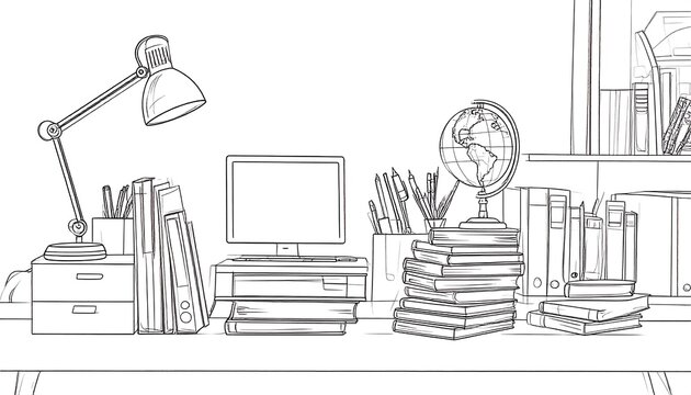A black and white line drawing of a well-organized study space, featuring a desk with a lamp, computer, books, and stationery.