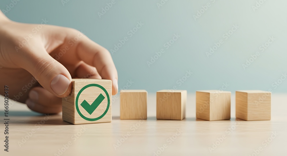 Poster hand placing wooden block with green check mark symbol in row of cubes