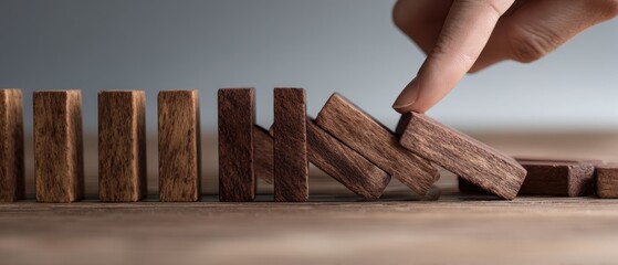The domino being stopped by a human finger preventing a cascading wooden block fall