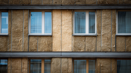 Fototapeta premium Façade insulation adds materials like mineral wool to exterior walls, improving energy efficiency, reducing heat loss, protecting the building, and enhancing appearance.
