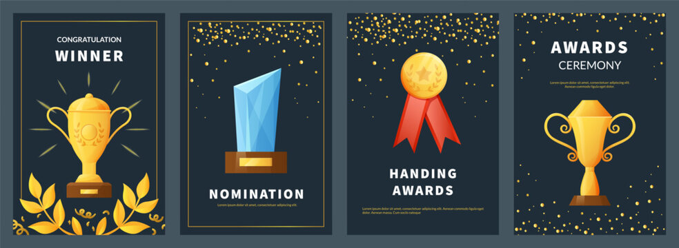 Congratulation winner poster. Nomination in tournament and championship. Awards ceremony, leader achievement prize, sport and business card design. Vector cartoon isolated illustration set