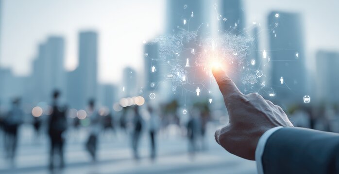 Hand pointing at a digital world map over a city