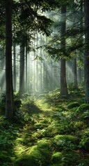 Fototapeta premium Sunbeams pierce a misty, moss-covered forest path, illuminating tall, slender trees and a lush green undergrowth