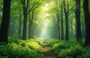 Obraz premium Rich green forest path bathed in sunlight. Tall trees with vibrant spring foliage line trail. Undergrowth thrives along sides. Sunbeams filter through canopy, creating serene, inviting natural scene.