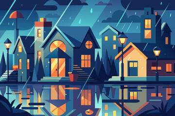 Cozy neighborhood houses reflecting warmly in the rain, inviting and peaceful urban scene, calming rainy night in town, perfect for storybooks