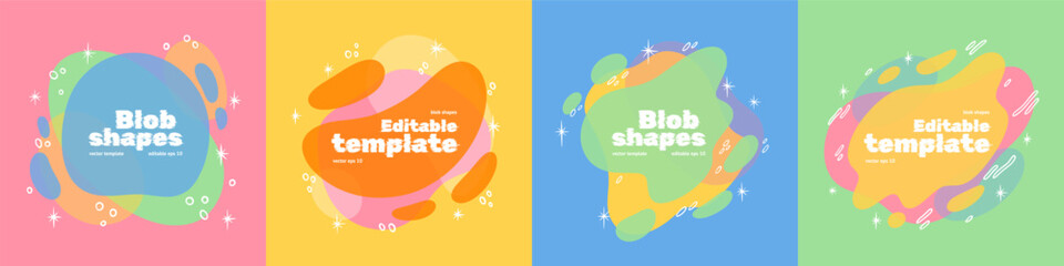 Abstract shapes. Graphic color waves, liquid gradient or fluid modern patterns. 3d line bright splash, flow frame. Decorative blobs, organic forms design template. Vector background
