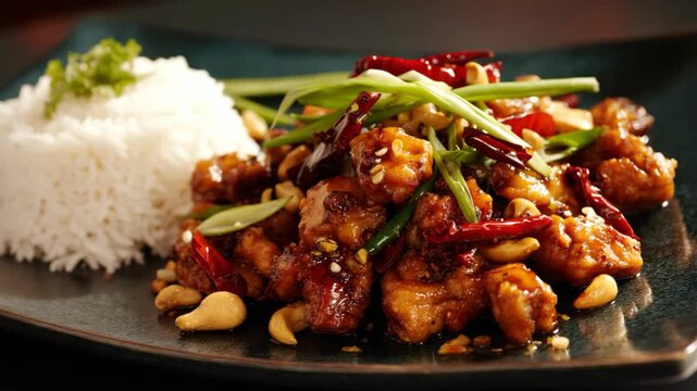 cashews nut  with deep  fried chicken stir fried with sweet and sour XO sauce Chinese style with rice 