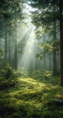 Fototapeta premium Sunbeams pierce a misty, verdant forest, illuminating a mossy forest floor. Tall evergreens frame the scene, creating a mystical atmosphere