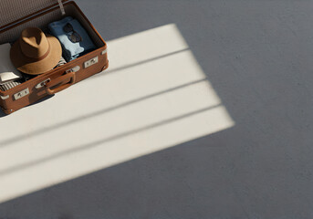 Open Vintage Suitcase with Hat and Clothes in Sunlight