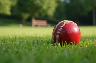 Red cricket ball on green grass. Lush lawn, brown bench in background. Low angle shot emphasizes ball prominence. Bright red color stands out on green grass.