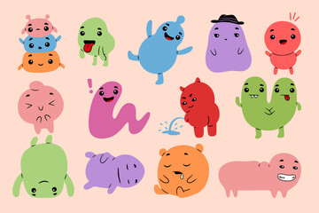 Cute monsters. Doodle creature face. Playful children kawaii animal or alien toy mascot. Color beast smile. Happy and angry comic characters. Emotion expression. Vector kids icons set