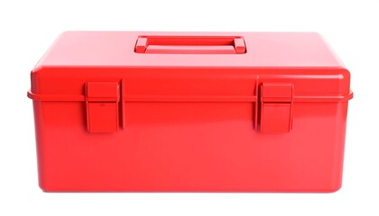 A red plastic toolbox with sturdy latches, standing on a plain white background.