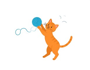 Cute orange tabby cat playing with a blue yarn ball