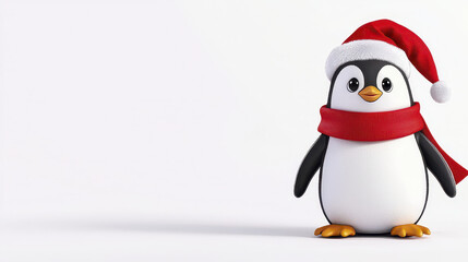 Fototapeta premium Cute cartoon penguin wearing Santa hat and red scarf, ready for Christmas celebrations, spreading joy and cheer