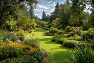 Obraz premium Sun-drenched, meticulously landscaped garden path winds through vibrant blooms and lush greenery under a partly cloudy sky