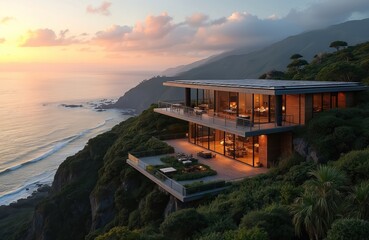 Fototapeta premium Modern luxury house on hilltop with panoramic ocean view at sunset. Contemporary design architecture, glass windows, wooden facade with solar panels. Residential building, property on hillside, real