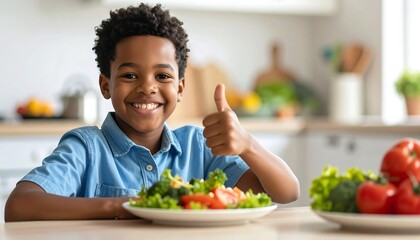 Happy boy thumbs up healthy food.