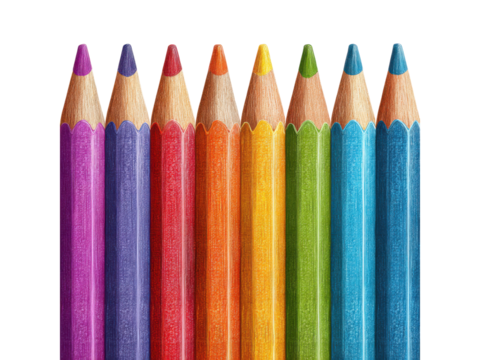 Row of sharpened colored pencils in rainbow order on black background drawing, Isolated, Png Transparent Background