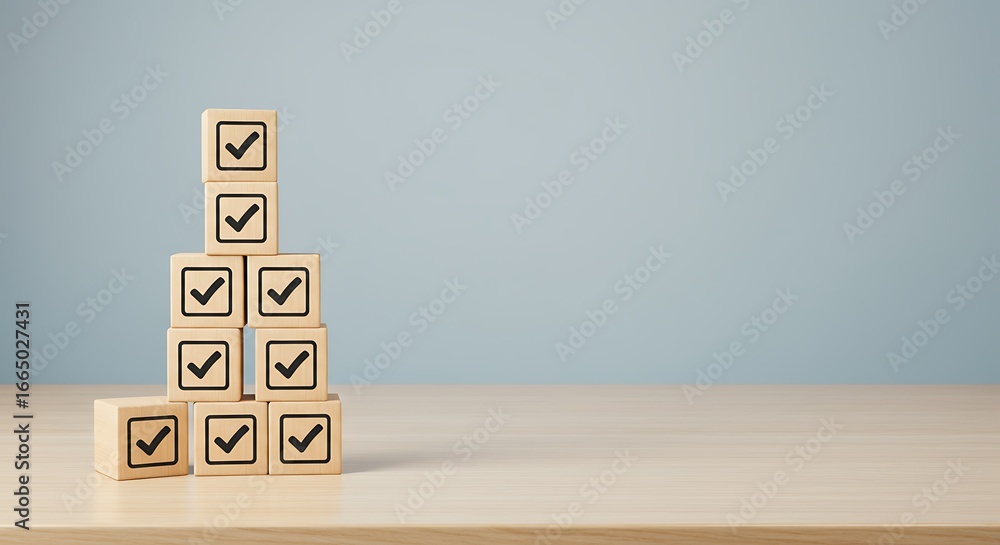 Poster building success step by step with checkmarks on wooden blocks