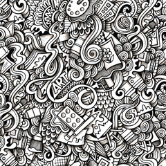 Artistic doodle pattern with creative tools and text black and white Keywords: art, doodle