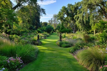 Obraz premium Sunlit garden path bordered by lush greenery, flowering plants, and stone statues, leading to a verdant expanse under a clear sky